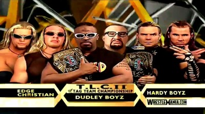 The Dudley Boyz vs. Christian & Edge vs. The Hardy Boyz - WWF World Tag Team Title TLC Match: WrestleMania X-7